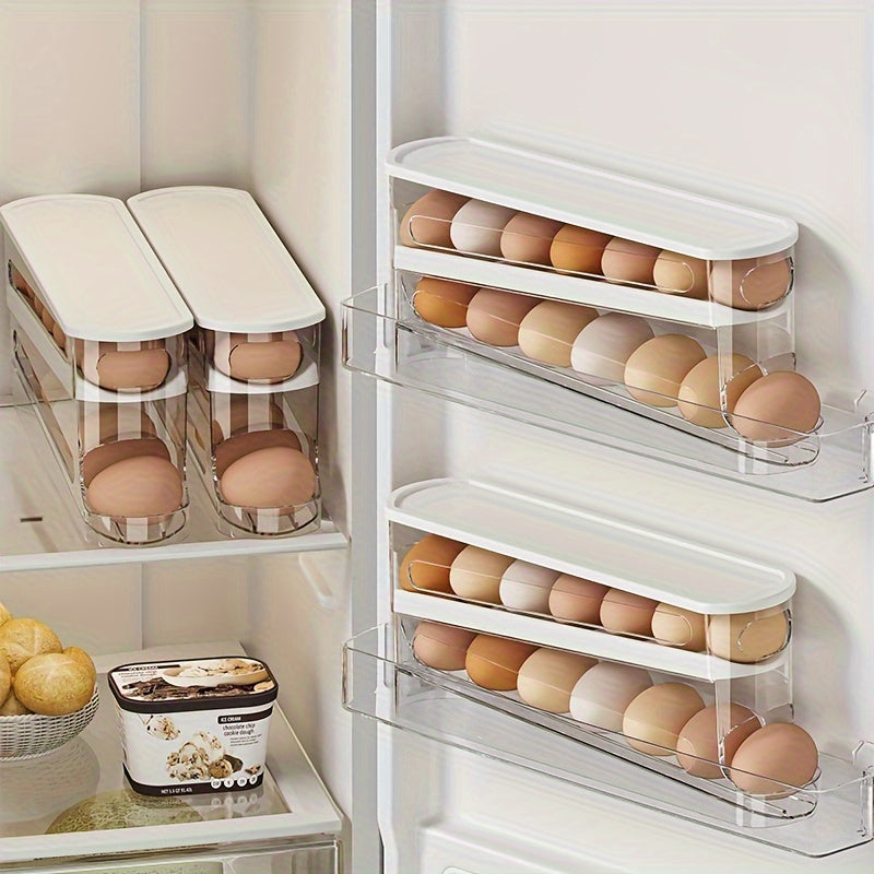 Egg Holder for Fridge with Lid - Auto Roll Down Egg Dispenser for Refrigerator Storage Organizer Space Saving Egg - Easy Access 2 Tier Egg Storage Rack (1pc)