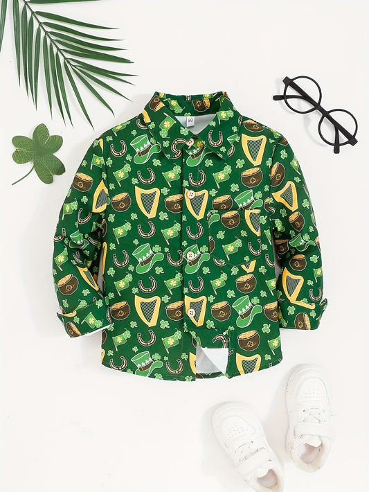 Boys' Spring And Autumn Green Long-Sleeve Shirt with a Three-Leaf And Four-Leaf Clover Print, Green Hat for St. Patrick'S Day.