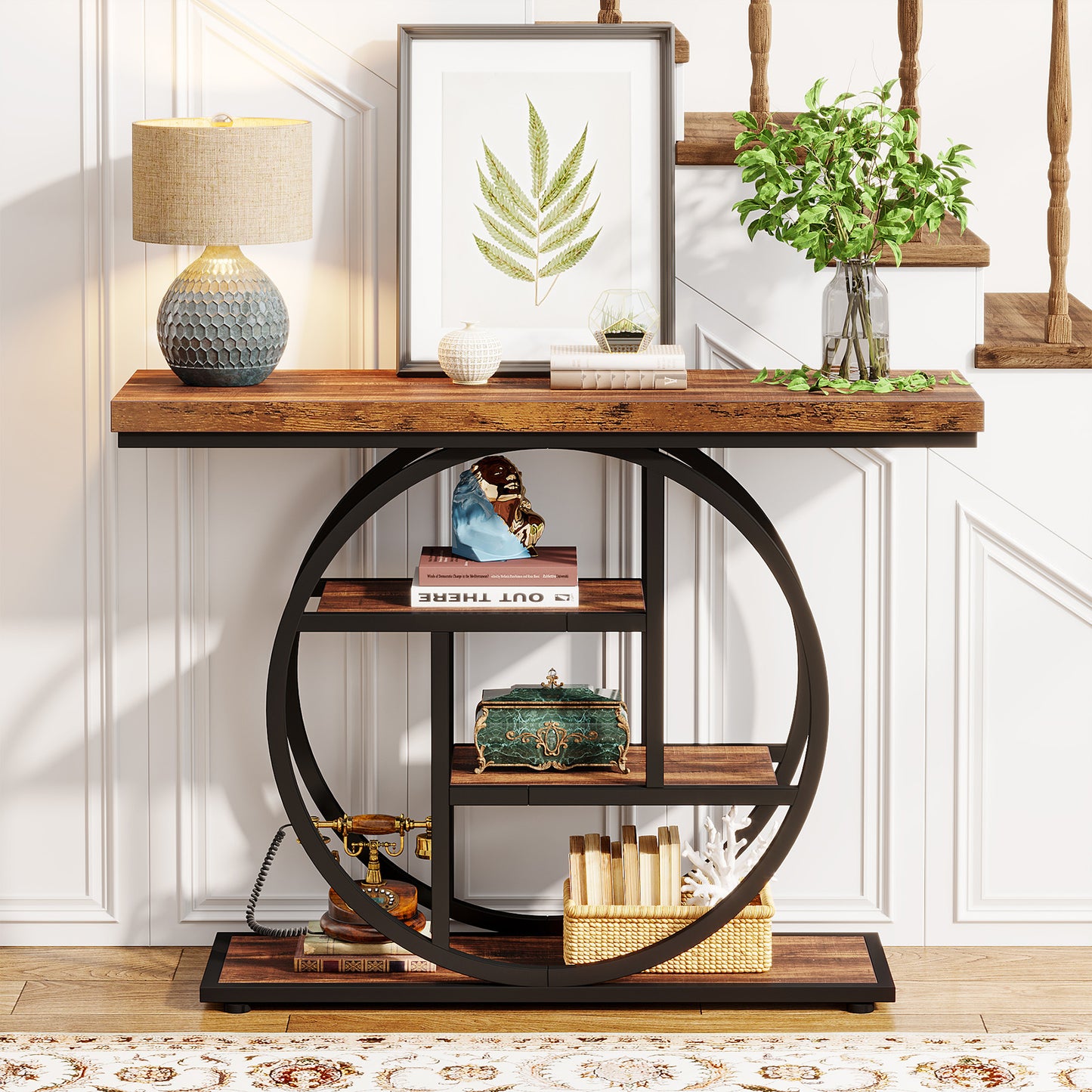 Rustic 4-Tier Console Table with Circular Metal Base, Wooden Storage Shelves for Living Room, Hallway, or Entryway – Industrial Chic Design, Adjustable Leg Pads, Perfect for Modern Spaces and Gift Ideas, Entryway Furniture