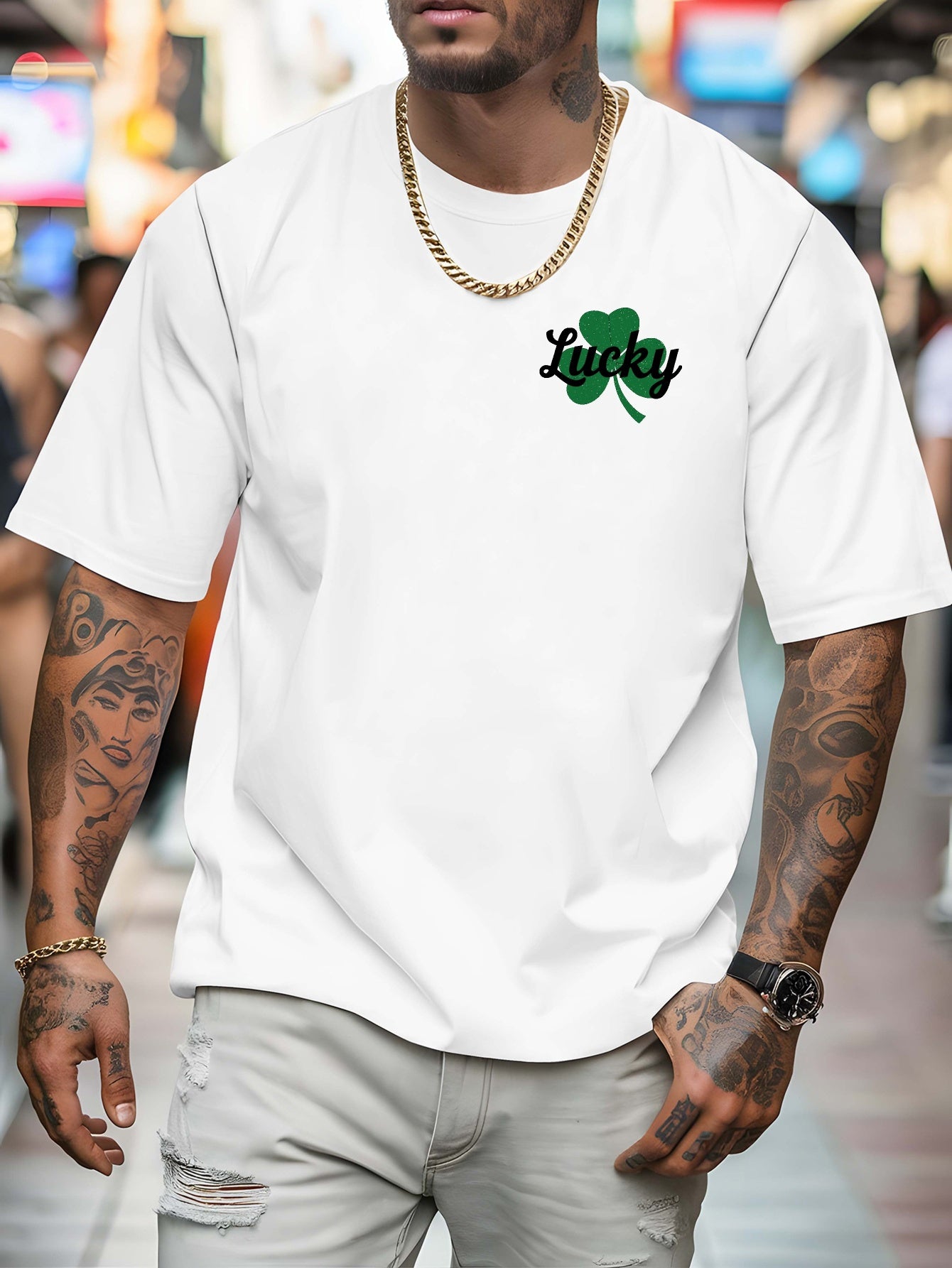 Men's Lucky Shamrock St. Patrick's Day T-Shirt - Navy Blue Short-Sleeve Crewneck, Breathable Polyester Blend, Casual Summer Top with Four-Leaf Clover Design