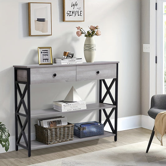 Chic Grey Console Table with Black Metal Frame - Vintage-Inspired Rectangular Side Table with Drawer Storage Shelf, Perfect for Hallway, Living Room, or Bedroom - Sturdy Particle Board & Metal Construction, 39x12x31.5 inches