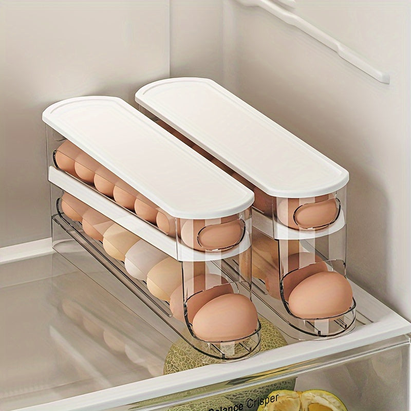 Egg Holder for Fridge with Lid - Auto Roll Down Egg Dispenser for Refrigerator Storage Organizer Space Saving Egg - Easy Access 2 Tier Egg Storage Rack (1pc)