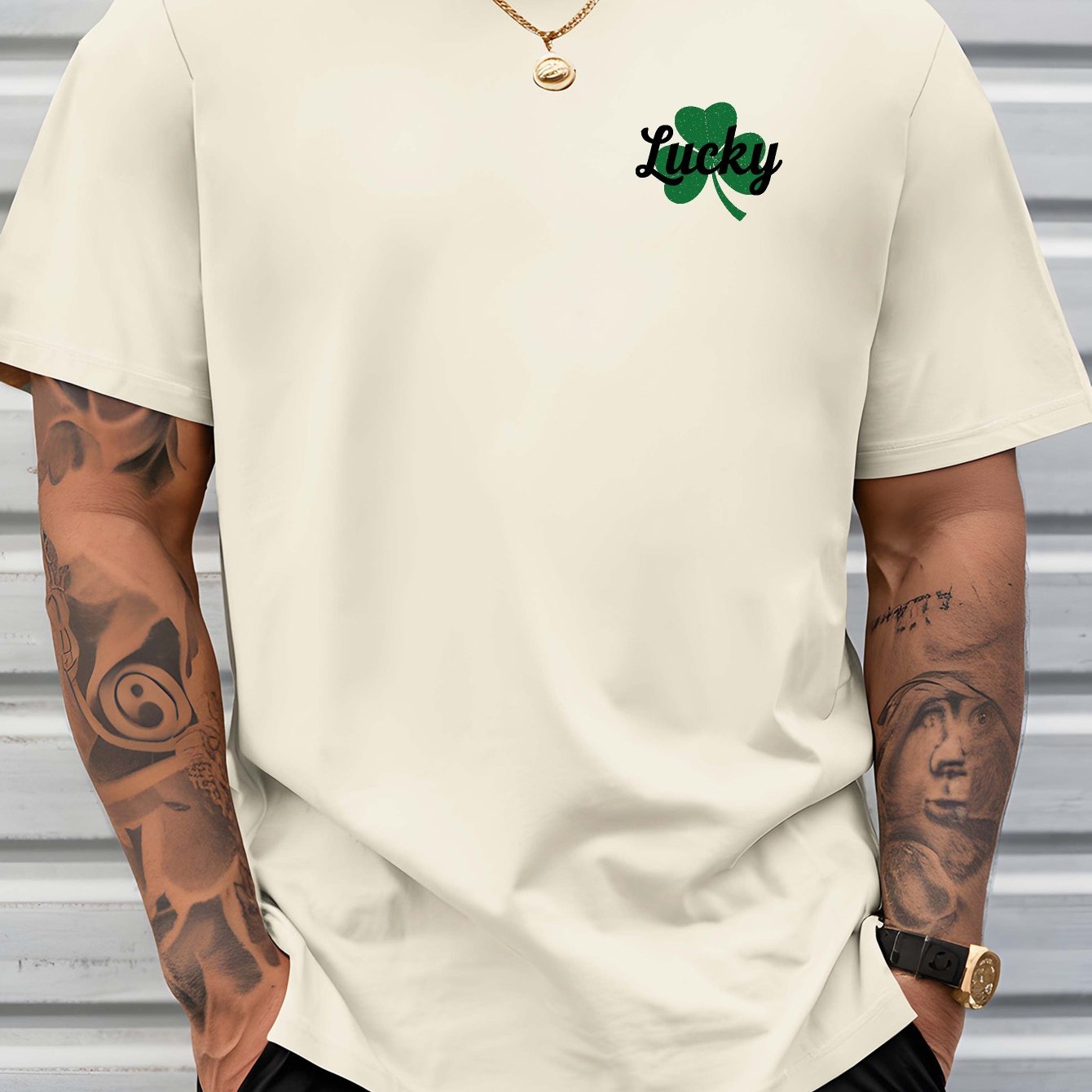 Men's Lucky Shamrock St. Patrick's Day T-Shirt - Navy Blue Short-Sleeve Crewneck, Breathable Polyester Blend, Casual Summer Top with Four-Leaf Clover Design