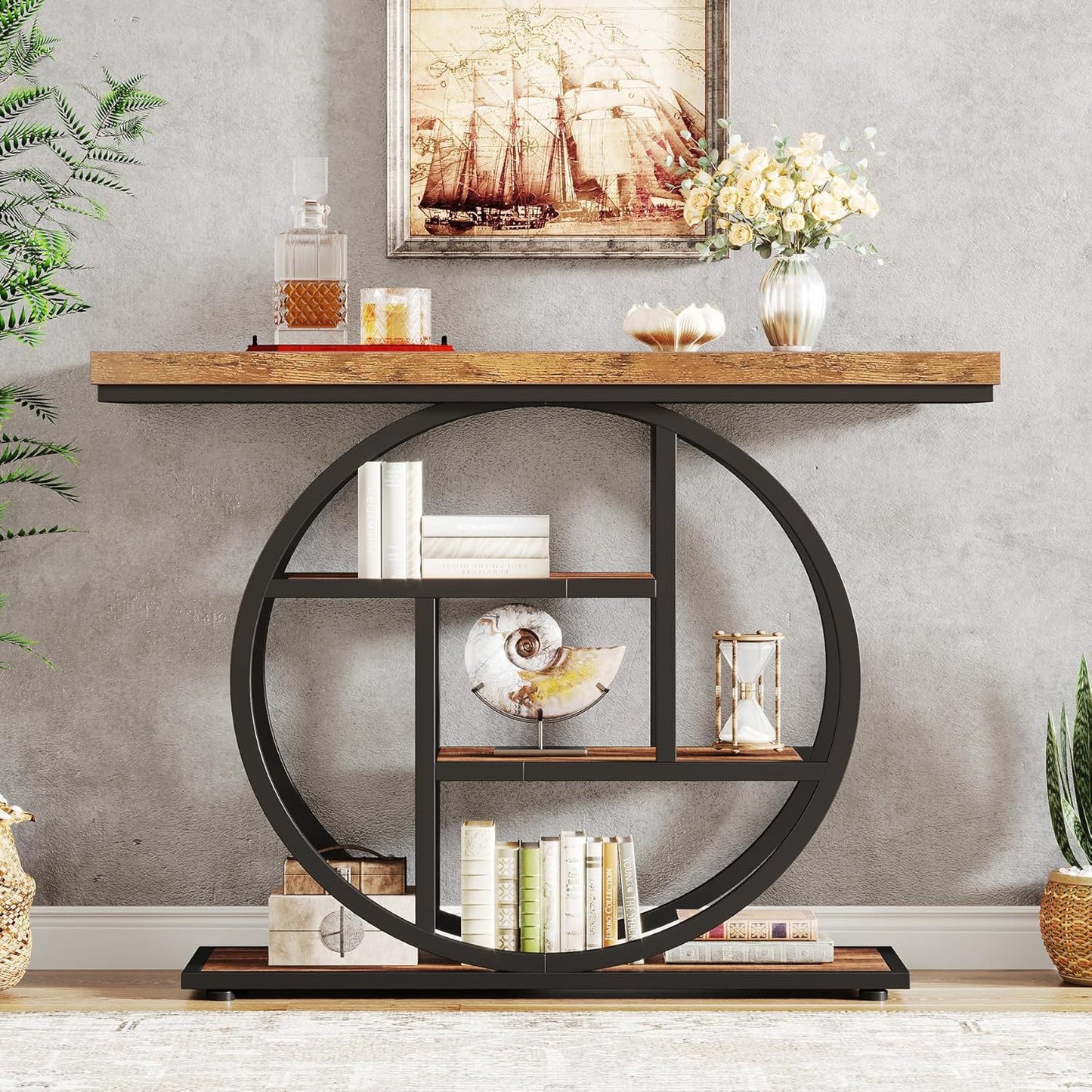 Rustic 4-Tier Console Table with Circular Metal Base, Wooden Storage Shelves for Living Room, Hallway, or Entryway – Industrial Chic Design, Adjustable Leg Pads, Perfect for Modern Spaces and Gift Ideas, Entryway Furniture