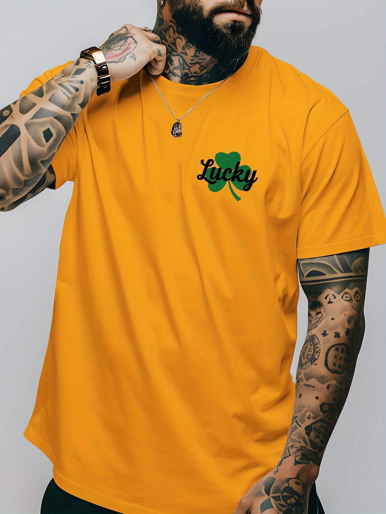 Men's Lucky Shamrock St. Patrick's Day T-Shirt - Navy Blue Short-Sleeve Crewneck, Breathable Polyester Blend, Casual Summer Top with Four-Leaf Clover Design