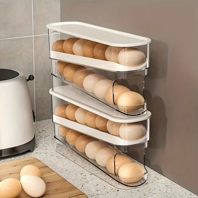 Egg Holder for Fridge with Lid - Auto Roll Down Egg Dispenser for Refrigerator Storage Organizer Space Saving Egg - Easy Access 2 Tier Egg Storage Rack (1pc)