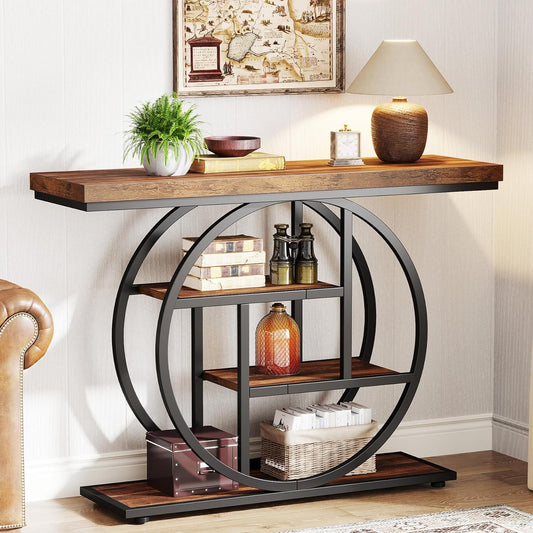 Rustic 4-Tier Console Table with Circular Metal Base, Wooden Storage Shelves for Living Room, Hallway, or Entryway – Industrial Chic Design, Adjustable Leg Pads, Perfect for Modern Spaces and Gift Ideas, Entryway Furniture