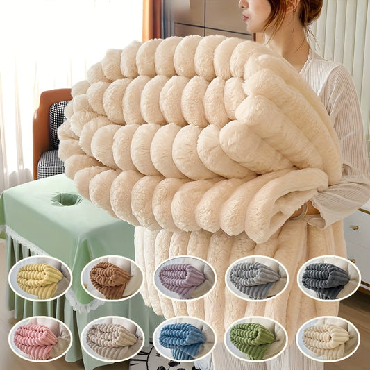 1pc Beige Elastic Striped Plush Couple Sofa Blanket, Ultra Soft Unscented Small Throw for Living Room, Bedroom, Home Decor - No Electricity or Battery Needed