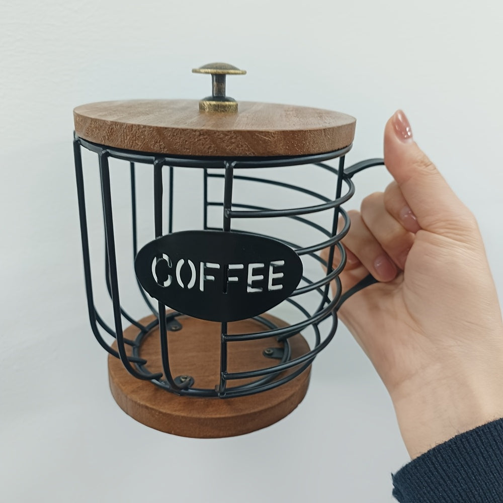 [Wooden Base Espresso Capsule Holder] Large Capacity Coffee Pod Holder with Wooden Base - Modern, Anti-Scratch Metal Wire Basket for Espresso Capsules & Pods - Perfect for Kitchen, Bar, and Restaurant Decor